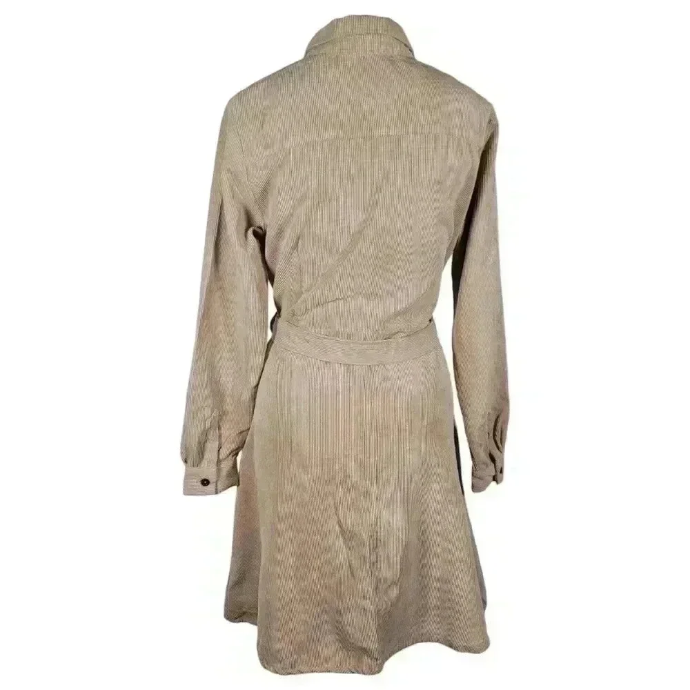 Love Crazy Corduroy Button Down Belted Long Sleeve Dress Tan Size M Winter Fall - Picture 4 of 11